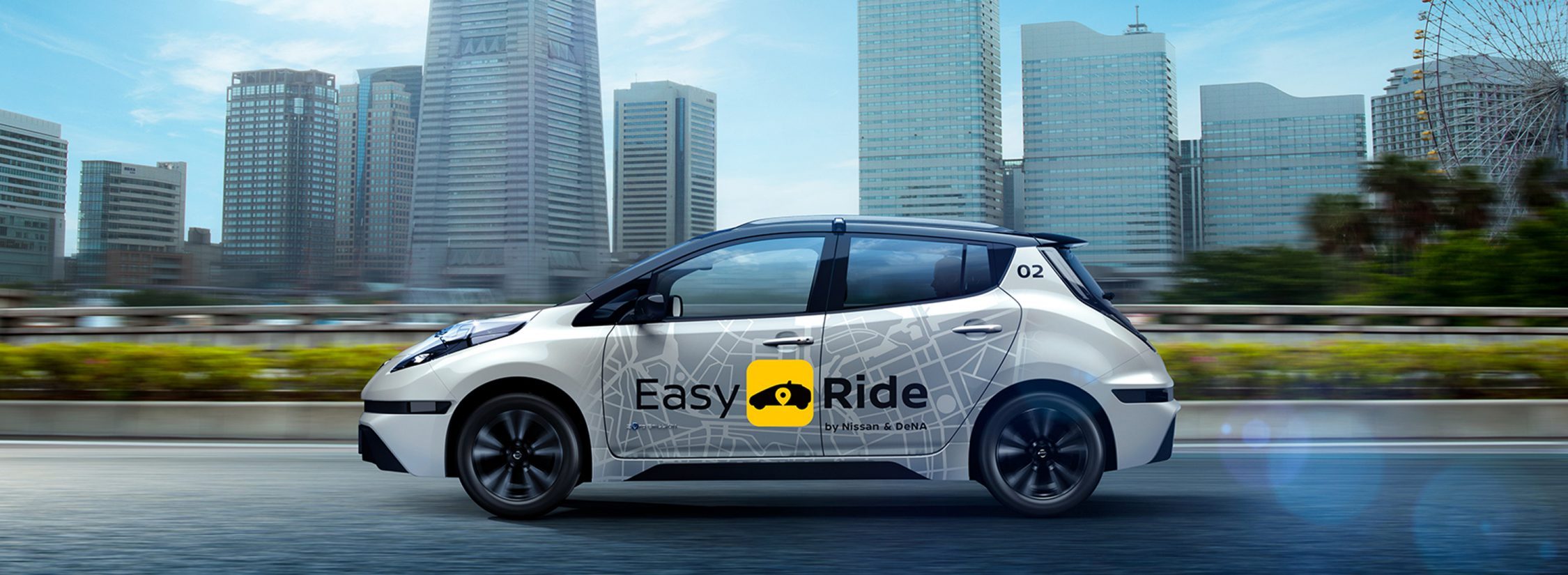 Nissan Easy Ride robo-taxi with city skyline